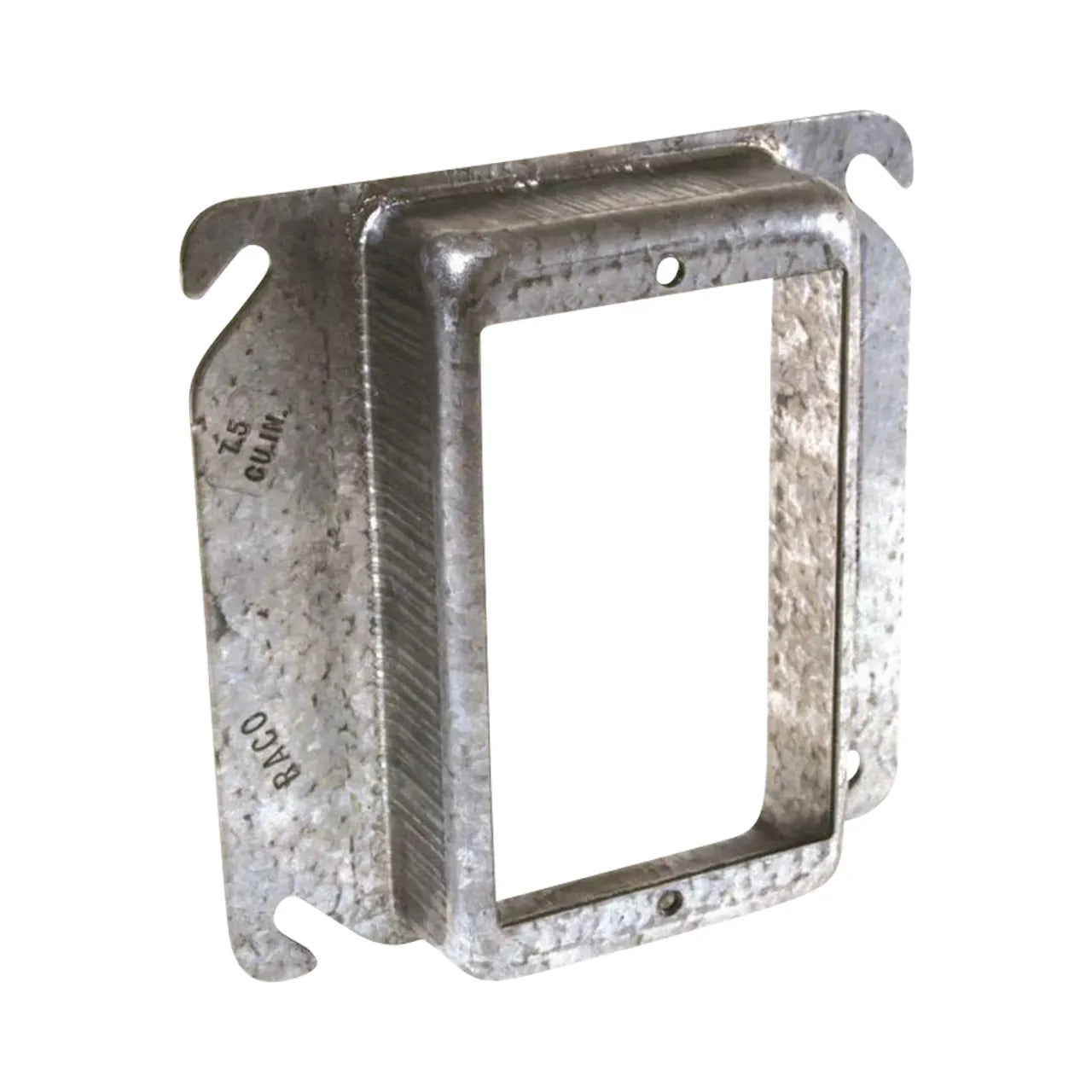 Go Build 1 in. Device Mud Ring Cover Raised 5/8 in. features a textured, galvanized finish, angled mounting slots for box misalignment, and mounting tabs for single-gang boxes.